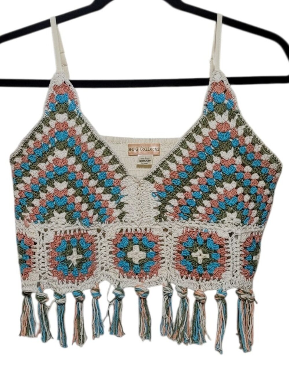 BOG Collective Band of Gypsies Crochet Fringe Bralette Crop Top Boho Large